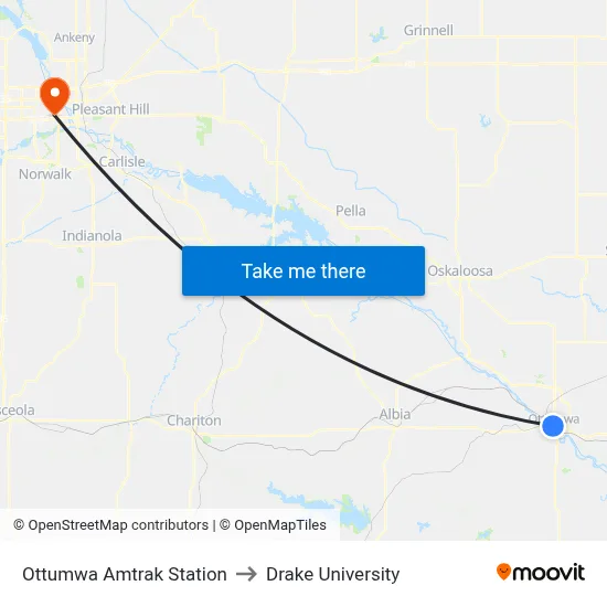 Ottumwa Amtrak Station to Drake University map