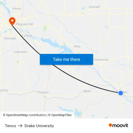 Tenco to Drake University map