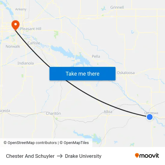 Chester And Schuyler to Drake University map
