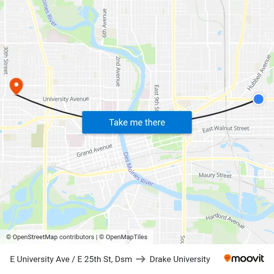 E University Ave / E 25th St, Dsm to Drake University map