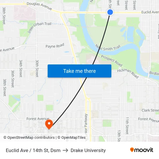 Euclid Ave / 14th St, Dsm to Drake University map