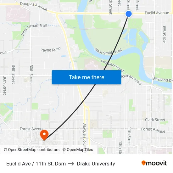 Euclid Ave / 11th St, Dsm to Drake University map