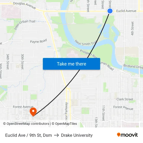 Euclid Ave / 9th St, Dsm to Drake University map