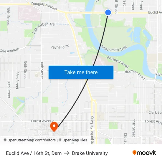 Euclid Ave / 16th St, Dsm to Drake University map