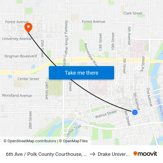 6th Ave / Polk County Courthouse, Dsm to Drake University map