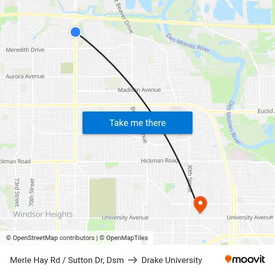 Merle Hay Rd / Sutton Dr, Dsm to Drake University map