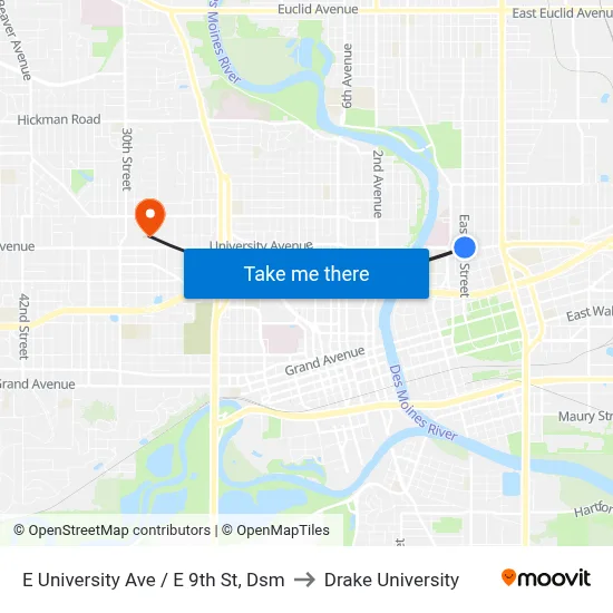 E University Ave / E 9th St, Dsm to Drake University map