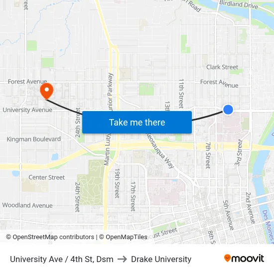 University Ave / 4th St, Dsm to Drake University map