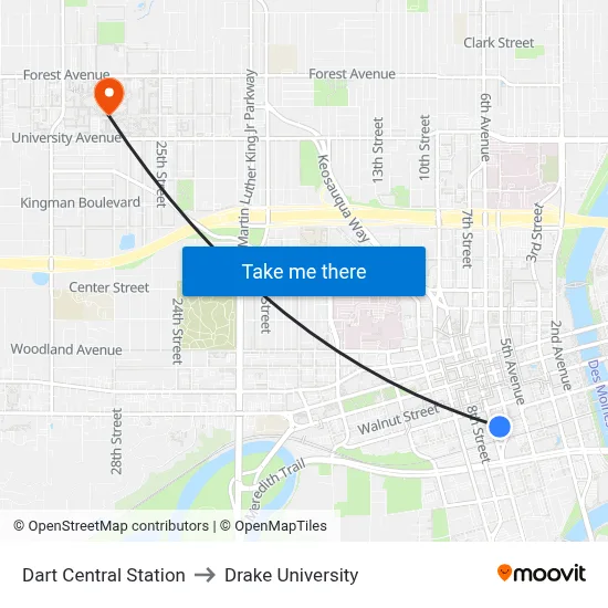 Dart Central Station to Drake University map