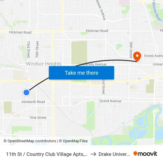 11th St / Country Club Village Apts, Wdm to Drake University map