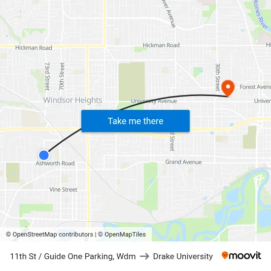 11th St / Guide One Parking, Wdm to Drake University map