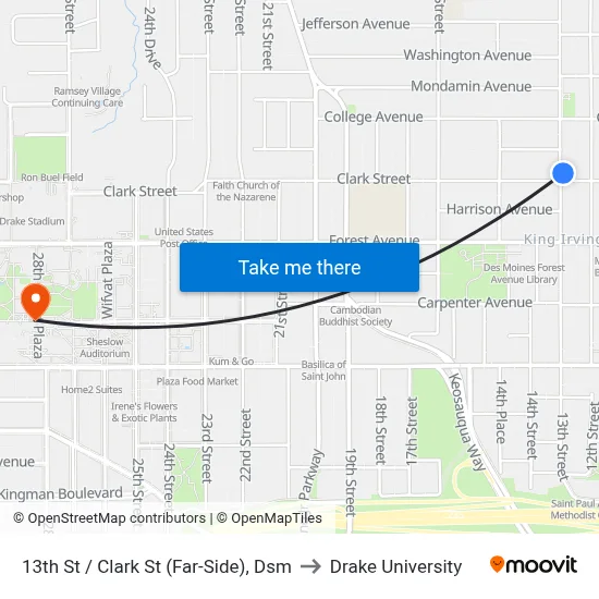 13th St / Clark St (Far-Side), Dsm to Drake University map