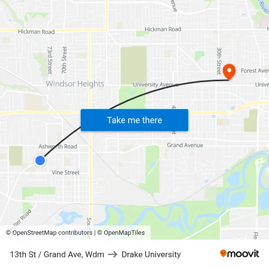 13th St / Grand Ave, Wdm to Drake University map