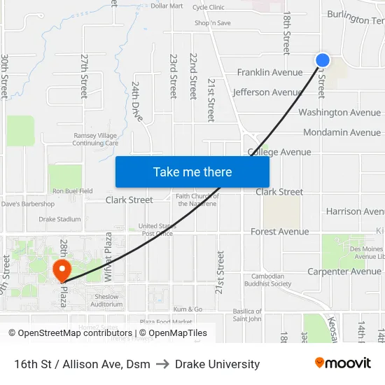 16th St / Allison Ave, Dsm to Drake University map