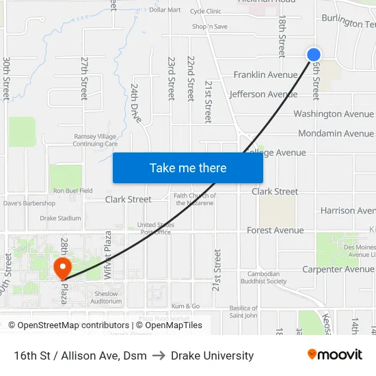 16th St / Allison Ave, Dsm to Drake University map