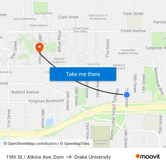 19th St / Atkins Ave, Dsm to Drake University map