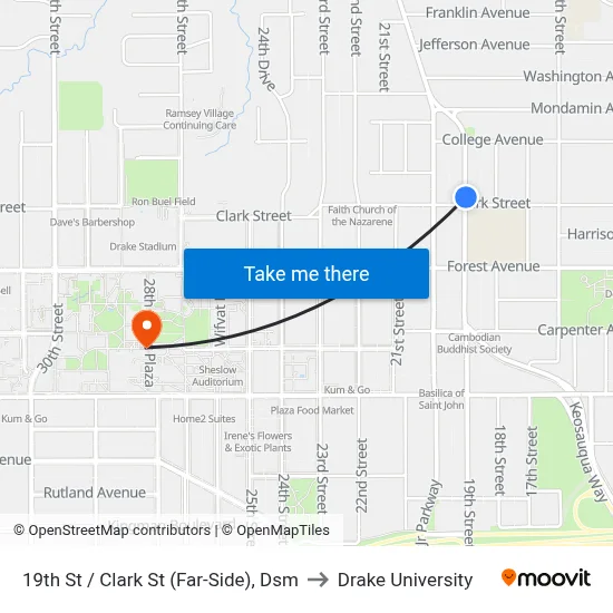 19th St / Clark St (Far-Side), Dsm to Drake University map