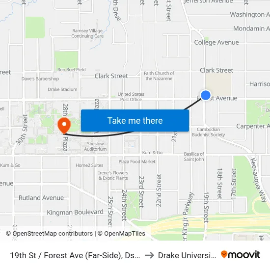 19th St / Forest Ave (Far-Side), Dsm to Drake University map