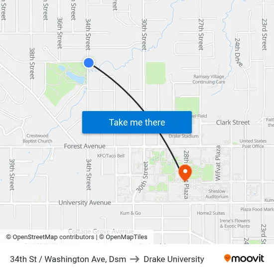 34th St / Washington Ave, Dsm to Drake University map