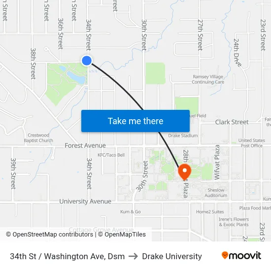 34th St / Washington Ave, Dsm to Drake University map