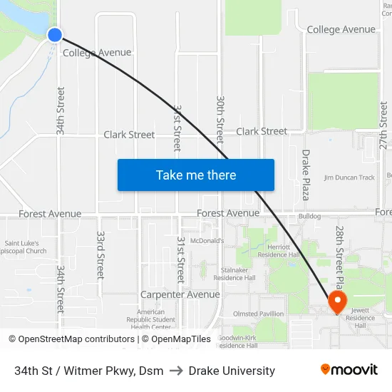 34th St / Witmer Pkwy, Dsm to Drake University map