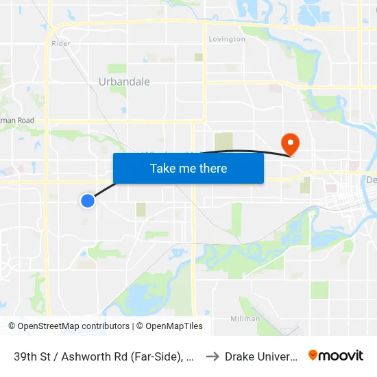 39th St / Ashworth Rd (Far-Side), Wdm to Drake University map
