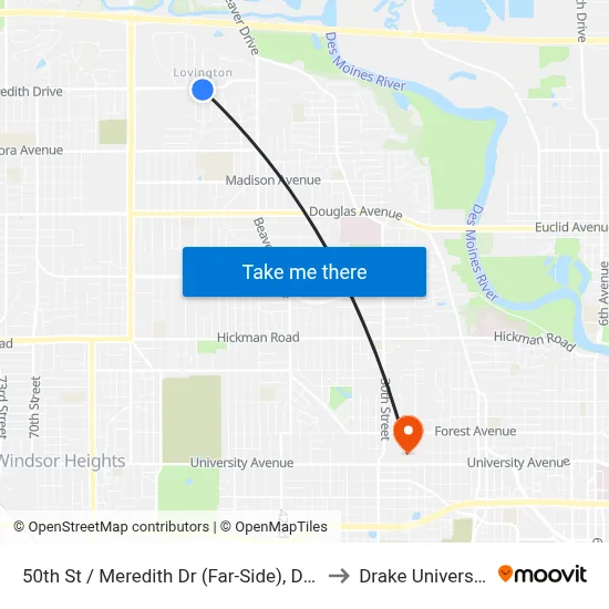 50th St / Meredith Dr (Far-Side), Dsm to Drake University map
