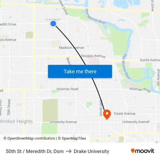 50th St / Meredith Dr, Dsm to Drake University map