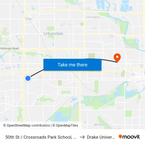 50th St / Crossroads Park School, Wdm to Drake University map