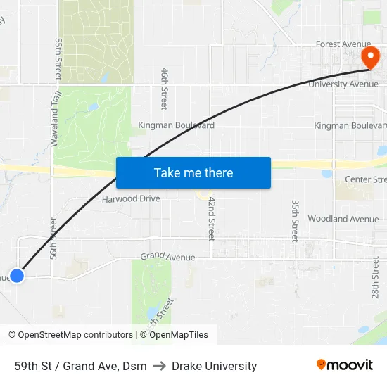 59th St / Grand Ave, Dsm to Drake University map