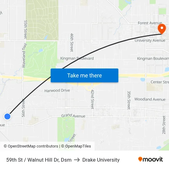 59th St / Walnut Hill Dr, Dsm to Drake University map