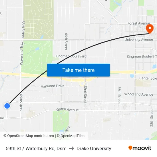 59th St / Waterbury Rd, Dsm to Drake University map