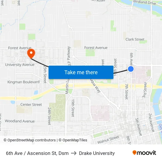 6th Ave / Ascension St, Dsm to Drake University map