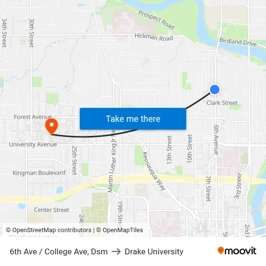 6th Ave / College Ave, Dsm to Drake University map
