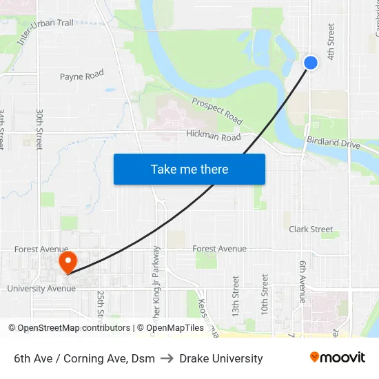 6th Ave / Corning Ave, Dsm to Drake University map
