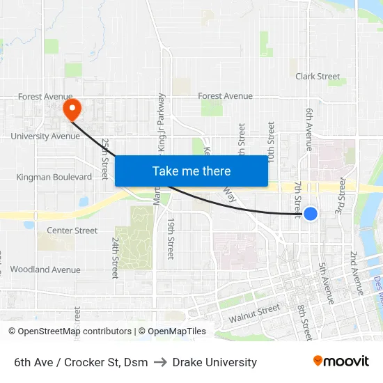 6th Ave / Crocker St, Dsm to Drake University map
