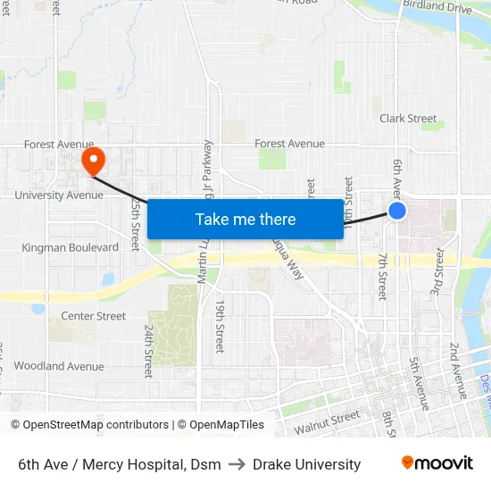 6th Ave / Mercy Hospital, Dsm to Drake University map