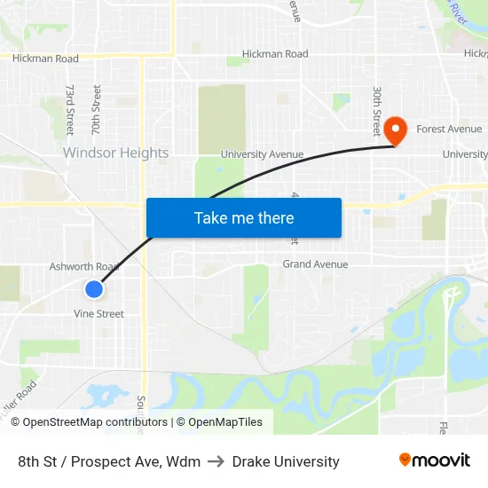 8th St / Prospect Ave, Wdm to Drake University map
