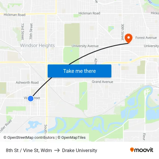 8th St / Vine St, Wdm to Drake University map