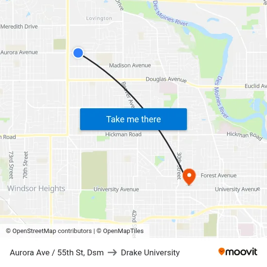 Aurora Ave / 55th St, Dsm to Drake University map