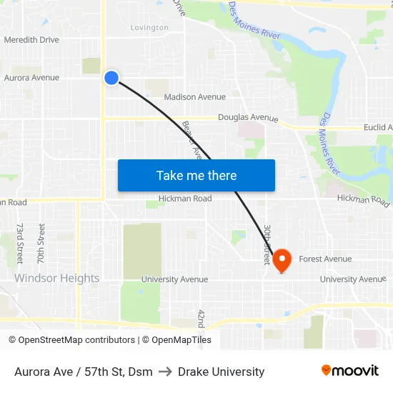Aurora Ave / 57th St, Dsm to Drake University map