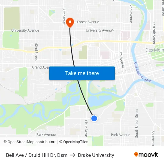 Bell Ave / Druid Hill Dr, Dsm to Drake University map
