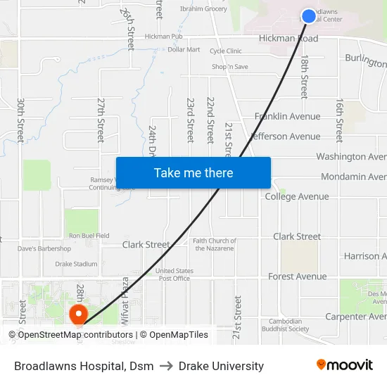 Broadlawns Hospital, Dsm to Drake University map