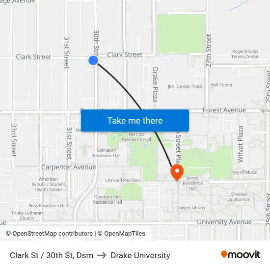 Clark St / 30th St, Dsm to Drake University map