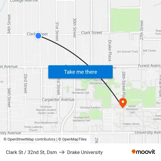 Clark St / 32nd St, Dsm to Drake University map