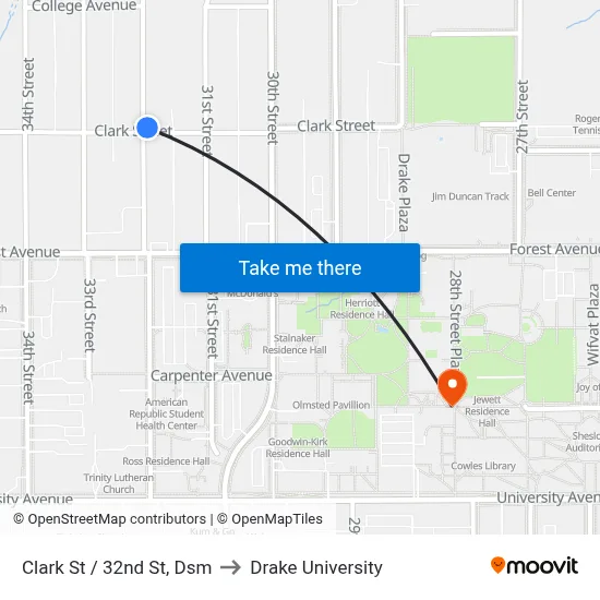 Clark St / 32nd St, Dsm to Drake University map