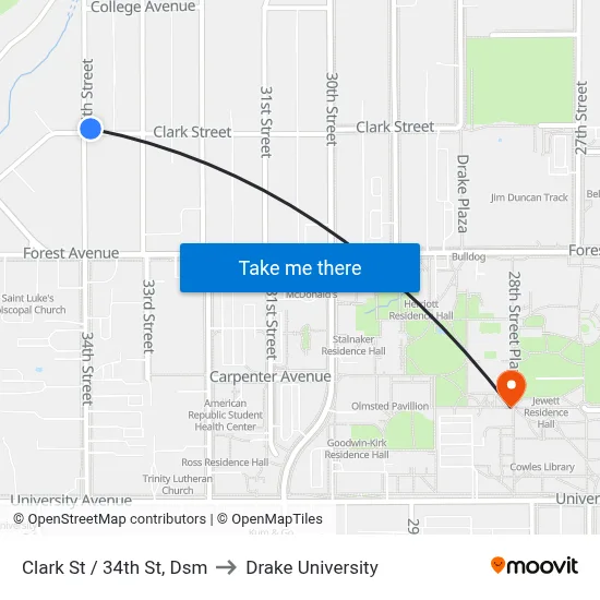 Clark St / 34th St, Dsm to Drake University map