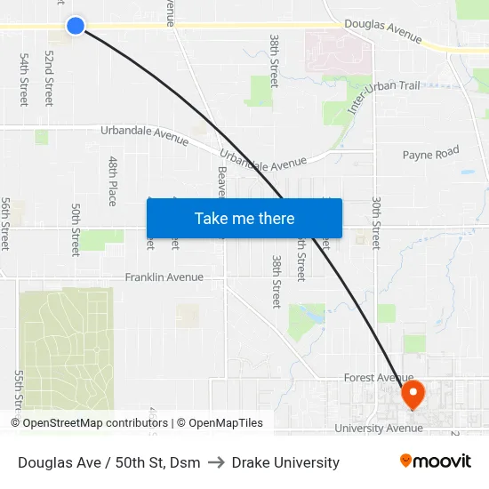 Douglas Ave / 50th St, Dsm to Drake University map