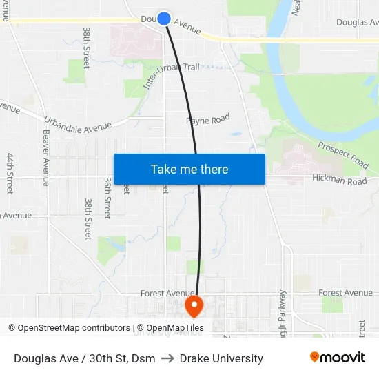 Douglas Ave / 30th St, Dsm to Drake University map