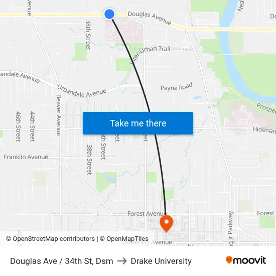Douglas Ave / 34th St, Dsm to Drake University map